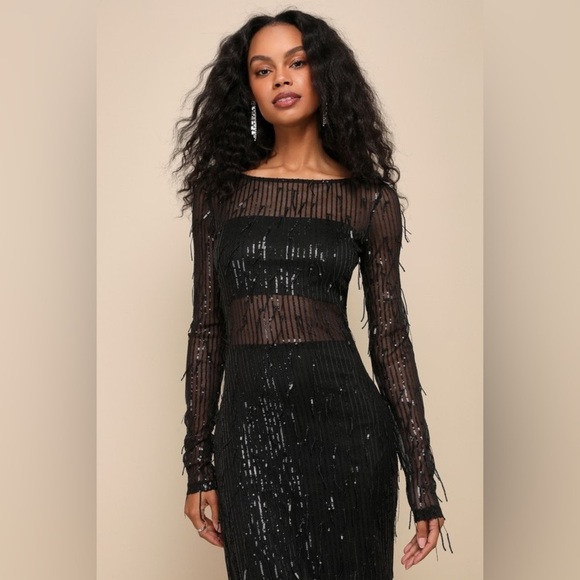 LULU’S SHEER FASCINATION SHEER MESH SEQUIN FRINGE MAXI DRESS - Picture 3 of 16